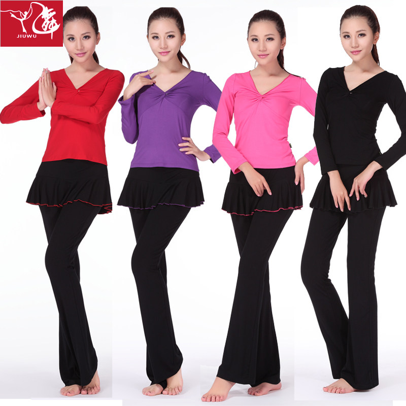 九舞新款夏秋季广场舞服装舞蹈服装套装练功服拉丁舞长袖健身裙女