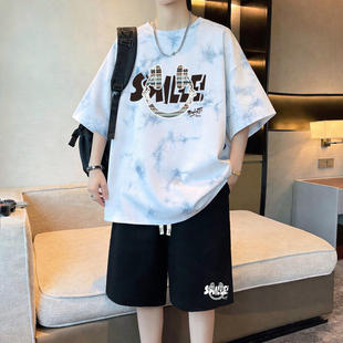 青少年夏装纯棉半袖t恤男孩初中高中学生大童帅气短袖运动服套装