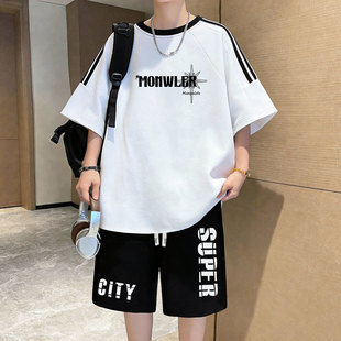 纯棉短袖t恤男孩夏季套装初中高中学生青少年大童帅气运动两件套