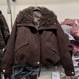 羊羔毛翻领麂皮绒短外套2025年冬季 宽松洋气麂皮羽绒服派克服 新款