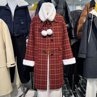 红色格子牛角扣毛呢外套女2025冬新款洋气显白小个子加绒呢子大衣