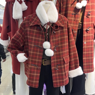 红色格子牛角扣毛呢外套女2025冬新款洋气显白小个子加厚呢子大衣