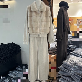 仿水貂毛拼接卫衣短外套休闲长裤两件套秋冬加厚毛毛套装时尚套装