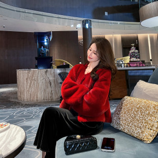 专柜正品 轻奢新年红色皮毛一体水貂绒毛外套加厚环保皮草显瘦上衣