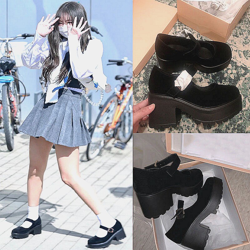 jennie同款一字扣带玛丽珍鞋女高跟复古真皮jk单鞋加绒百搭小皮鞋