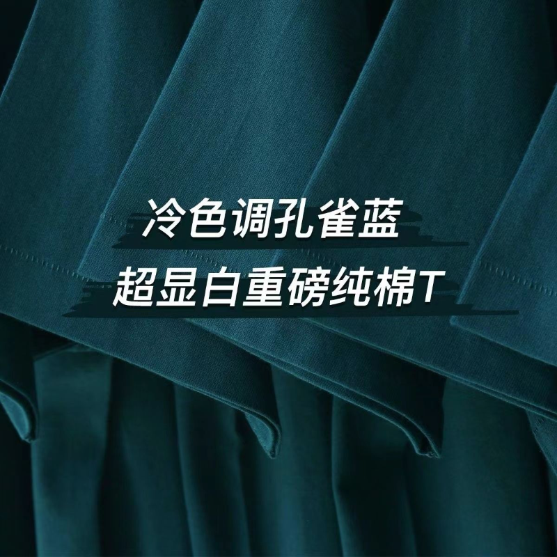 冷色调孔雀蓝~高品质300g重磅纯棉短袖雀绿色T恤宽松大码上衣男