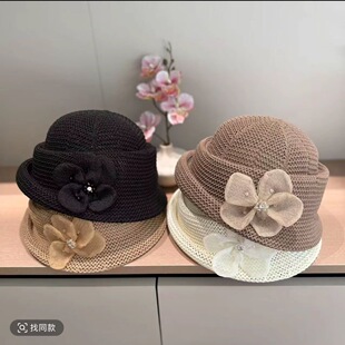 遮阳防晒帽子法式 卷边太阳帽户外网纱盆帽 英伦花朵礼帽女夏季 时尚