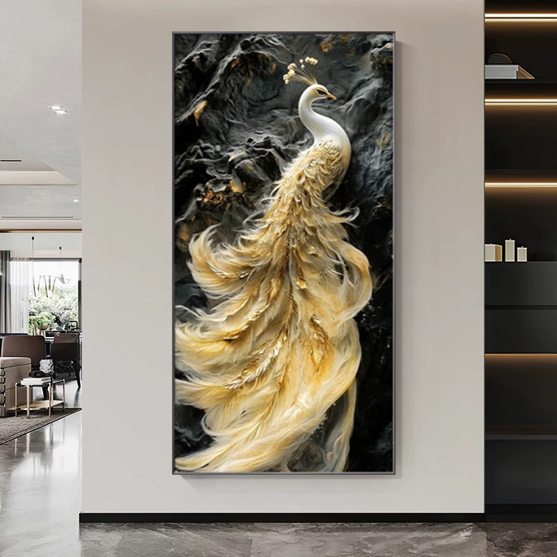 孔雀入户玄关装饰画带led灯轻奢高级感浮雕立体挂画走廊过道壁画图片