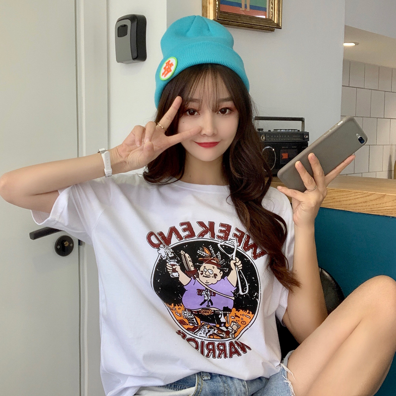 Real shot ins super hot summer new Korean cartoon printed student top short sleeve t-shirt female