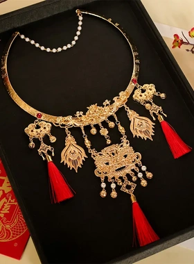 国风汉服配饰红色项圈合金平安锁醒狮拜年喜庆秀禾服饰项饰