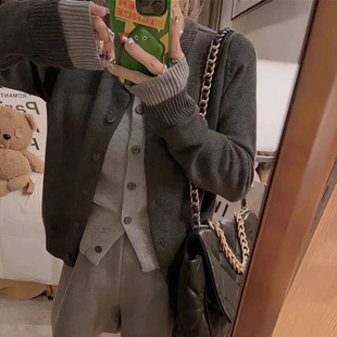 KANING灰色假两件圆领纽扣针织开衫女2025夏季新款女装韩版毛衣潮