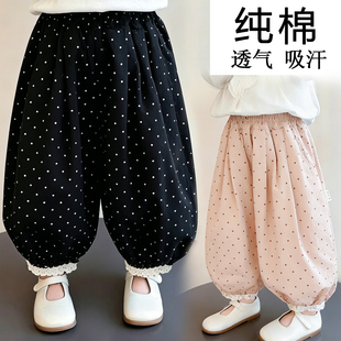 女童夏季纯棉薄款洋气百搭宽松宝宝波点花边小童灯笼裤潮九分裤