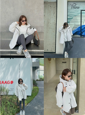 小个子米白色短款连帽风衣外套女春秋季户外山系三防防水冲锋衣