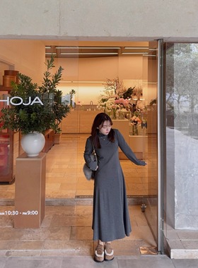 知更鸟昂酱 小个子长袖假两件连衣裙女灰色收腰显瘦设计感中长裙