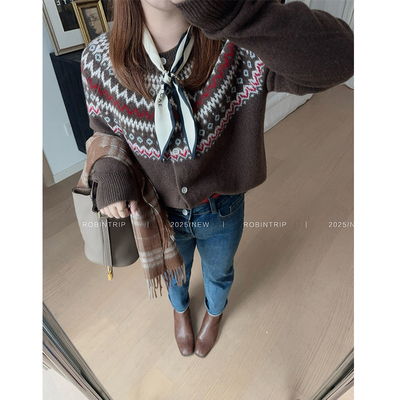 费尔岛北欧风复古棕色毛衣外套