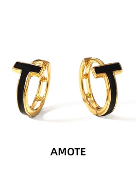 AMOTE  简约高级T型耳圈S925银镀金耳扣百搭通勤个性设计感耳环