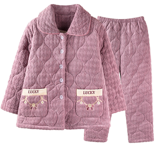 冬季加绒加厚情侣睡衣冬天爸爸妈妈男女士中老年人老人珊瑚绒夹棉