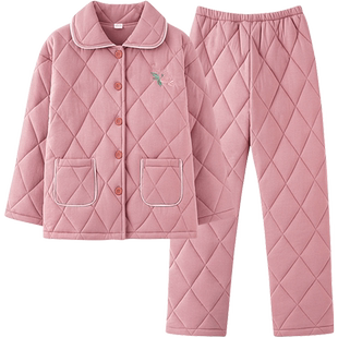 2023年新款秋冬款三层加厚全棉纯棉夹棉睡衣女妈妈大码冬季200斤