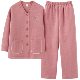 睡衣女秋冬季2024新款纯棉夹棉加大码春秋款加厚空气棉长袖家居服