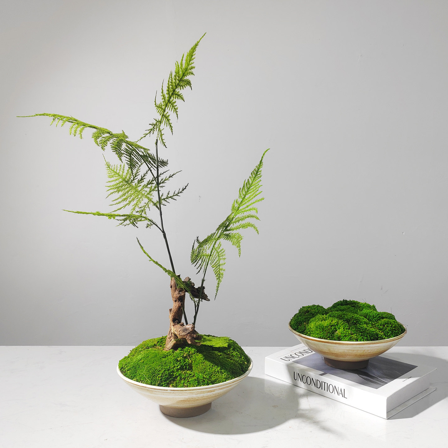 新中式仿真花艺苔藓文竹售楼部样板房客厅茶室几桌面假花装饰摆件