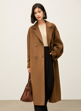 弧量型袖101801高级感新款西装领双排扣羊毛双面呢大衣女长款