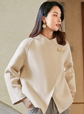 气质休闲宽松斗篷秋冬纯羊毛大衣女一粒扣立领短款毛呢外套女