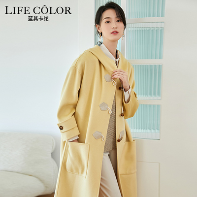 正品特价纯羊毛牛角扣连帽大衣