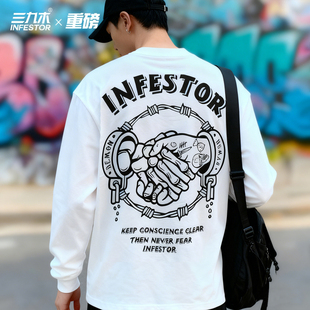 重磅t 潮bboy长袖 三九木美式 小领口街头滑板Demon嘻哈街舞宽松大码