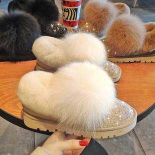 水钻雪地靴女冬短筒平底豆豆鞋低帮加绒保暖棉鞋兔毛球带钻毛毛鞋