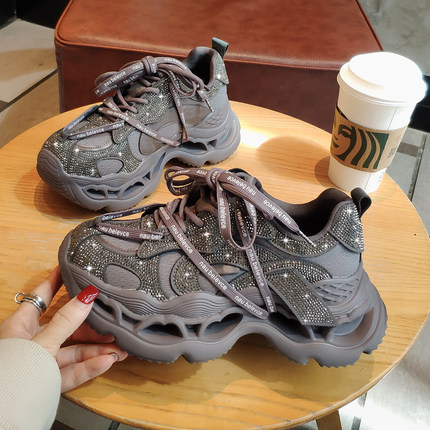 欧货水钻7cm厚底老爹鞋女2025秋季 真皮休闲潮鞋小个子增高运动鞋