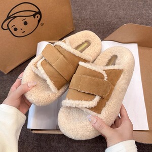 厚底5cm博肯毛毛拖鞋女外穿2024秋冬 羊毛加绒增高毛绒一字棉拖鞋