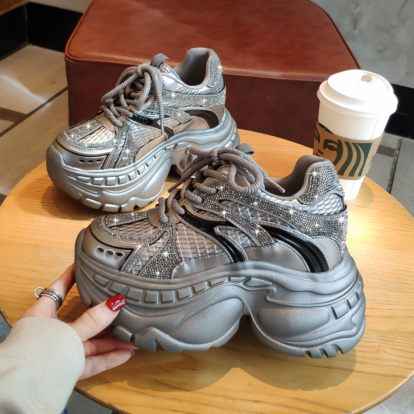 欧货水钻内增高10cm厚底老爹鞋女