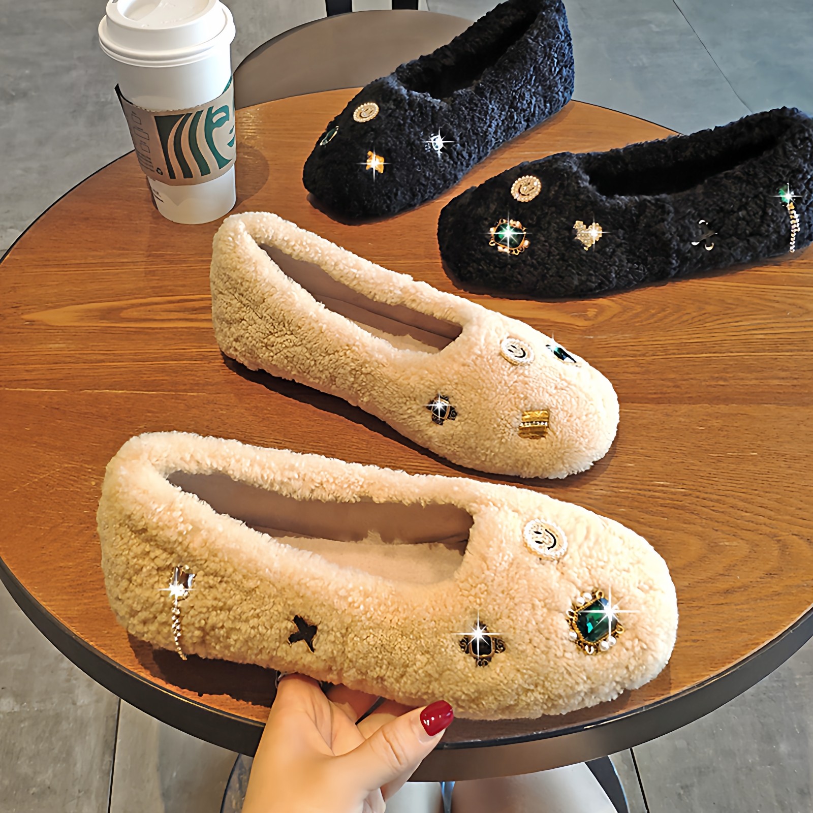 水钻真羊羔毛豆豆鞋女冬外穿平底加绒毛毛鞋一脚蹬棉瓢鞋皮毛一体,女鞋,浅口单鞋,淘宝优惠券,粉丝福利购,淘宝优惠卷