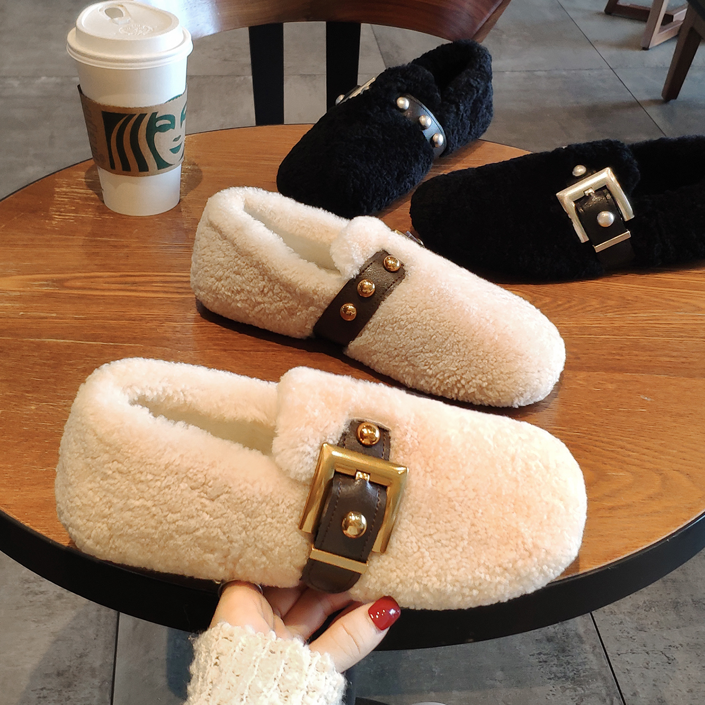 真羊羔毛豆豆鞋金属扣加绒毛毛鞋