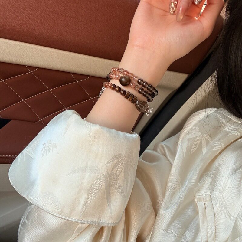 手工串珠沉香花梨木多圈手串黑金超七冰曜石水晶新国风女士念珠