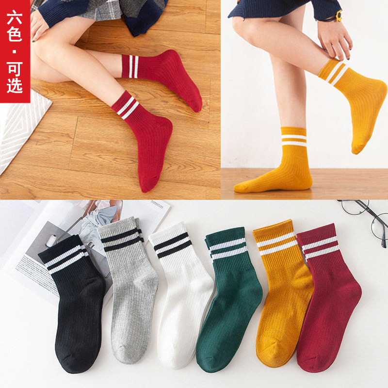 袜子女中筒袜韩国时尚ins潮学院风双杠秋夏季诸暨袜子批发棉袜女