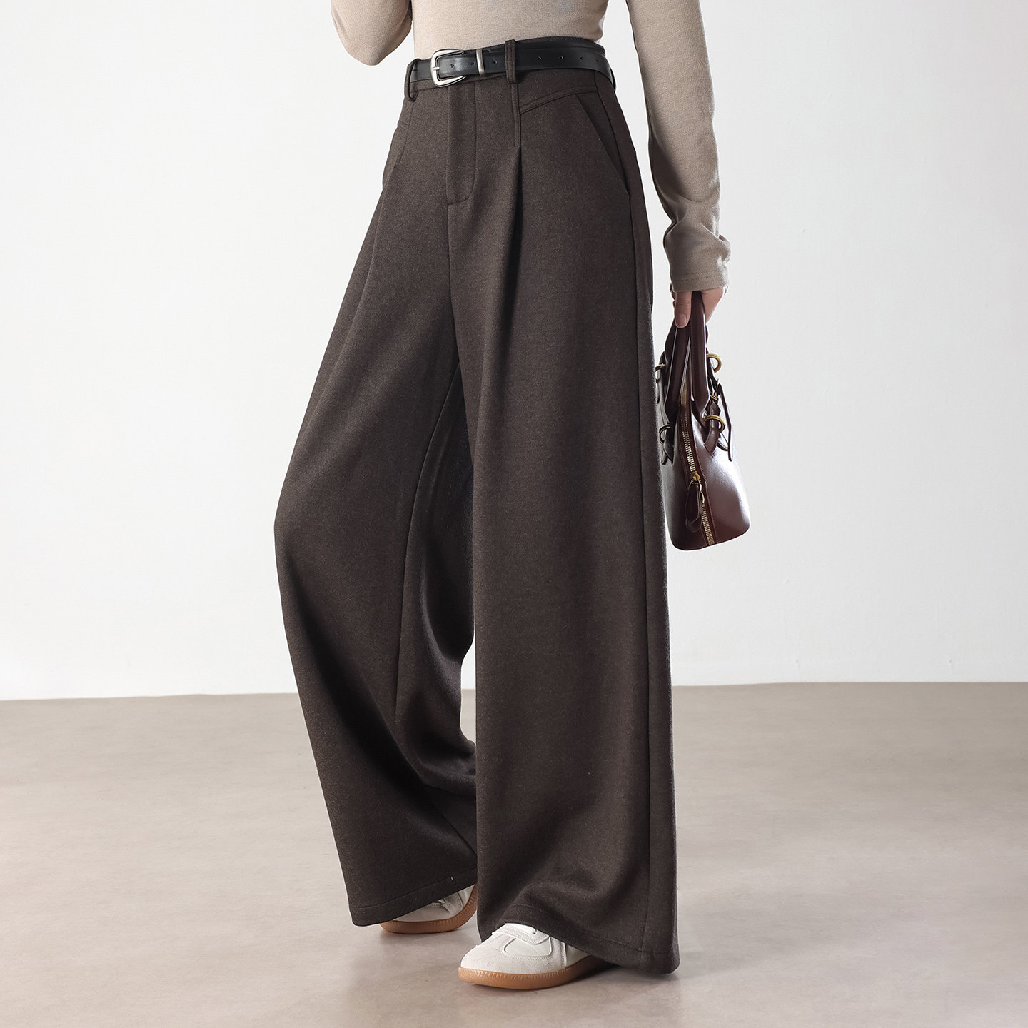 水墨佳人老钱风绵羊毛高腰阔腿裤女咖啡色宽松显瘦垂坠感长裤休闲,女装/女士精品,休闲裤,淘宝优惠券,粉丝福利购,淘宝优惠卷