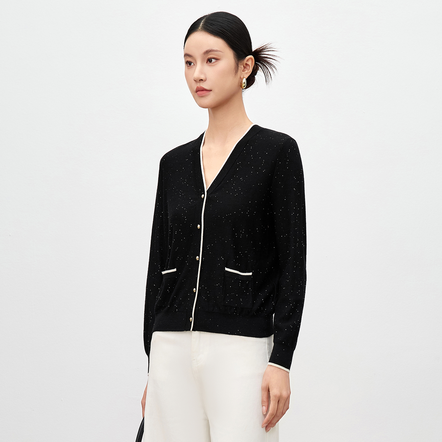 小香风蚕丝羊毛衫V领亮片针织