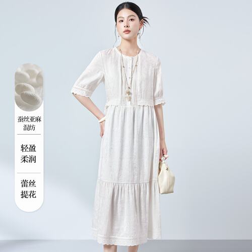 通勤轻奢丝麻提花镂空蕾丝连衣裙