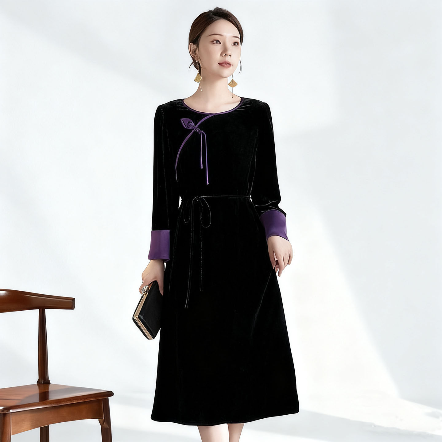 水墨佳人桑蚕丝百搭连衣裙新中式真丝丝绒女裙复古盘扣收腰中长裙