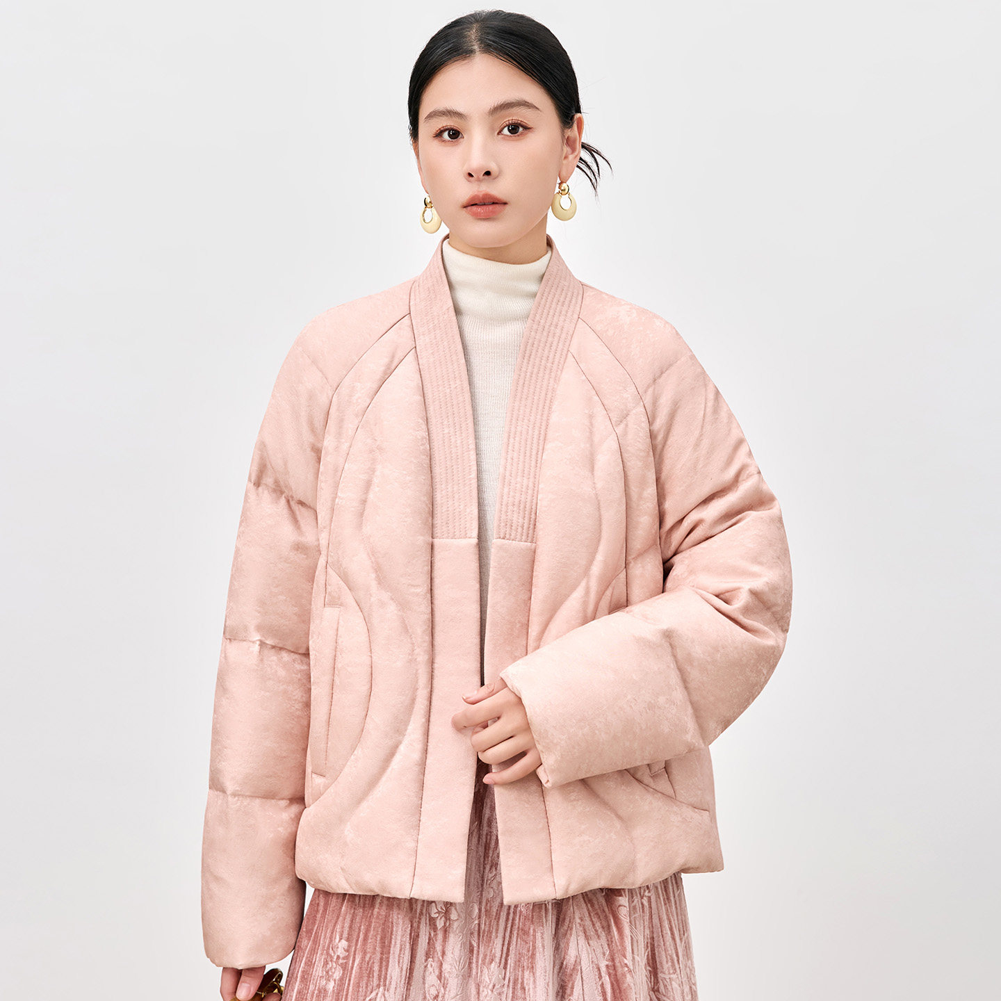 水墨佳人新中式95白鹅绒中长款V领炒色羽绒服女冬季显瘦通勤外套