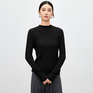 丝毛极简风亮片点缀黑色圆领针织衫女长袖套头修身打底衫秋冬毛衣
