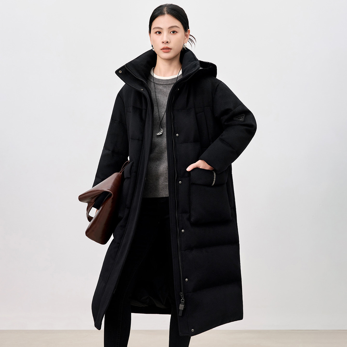 水墨佳人通勤风绵羊毛长款毛领显瘦冬季羽绒服女宽松 H 型无拼接