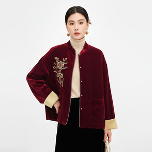 水墨佳人新中式100%桑蚕丝外套女士绣花立领短款外套气质国风上衣