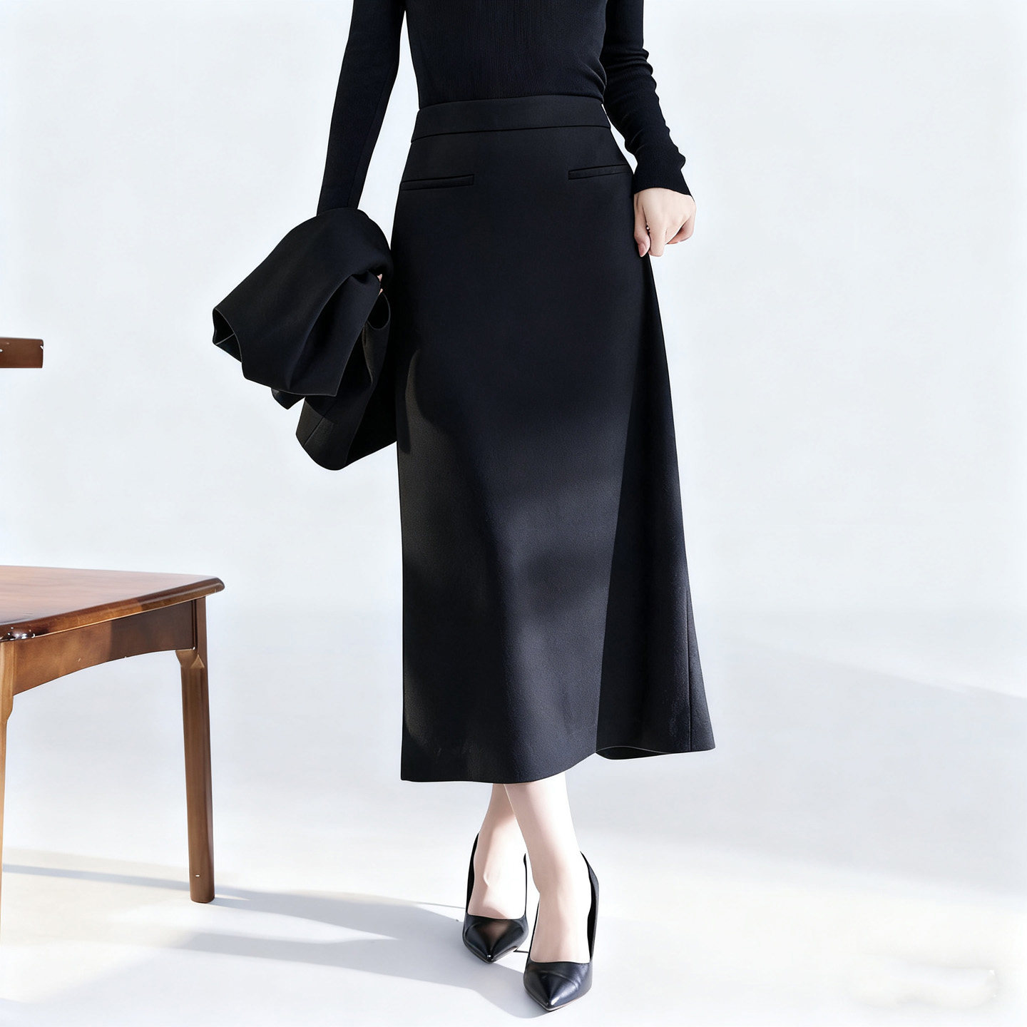 水墨佳人中长款纯羊毛毛呢a字裙2025春秋新款女装黑色一步半身裙