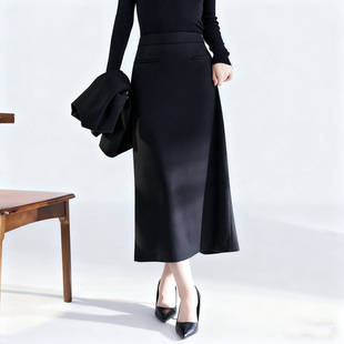 水墨佳人中长款纯羊毛毛呢a字裙2025春秋新款女装黑色一步半身裙