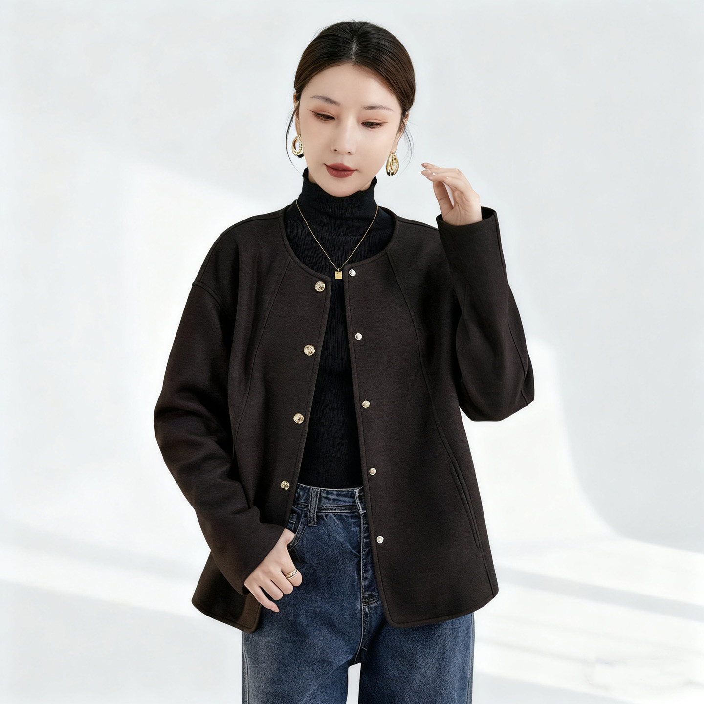 水墨佳人绵羊毛女冬季短款外套圆领金属扣宽松高级感百搭气质上衣,女装/女士精品,短外套,淘宝优惠券,粉丝福利购,淘宝优惠卷