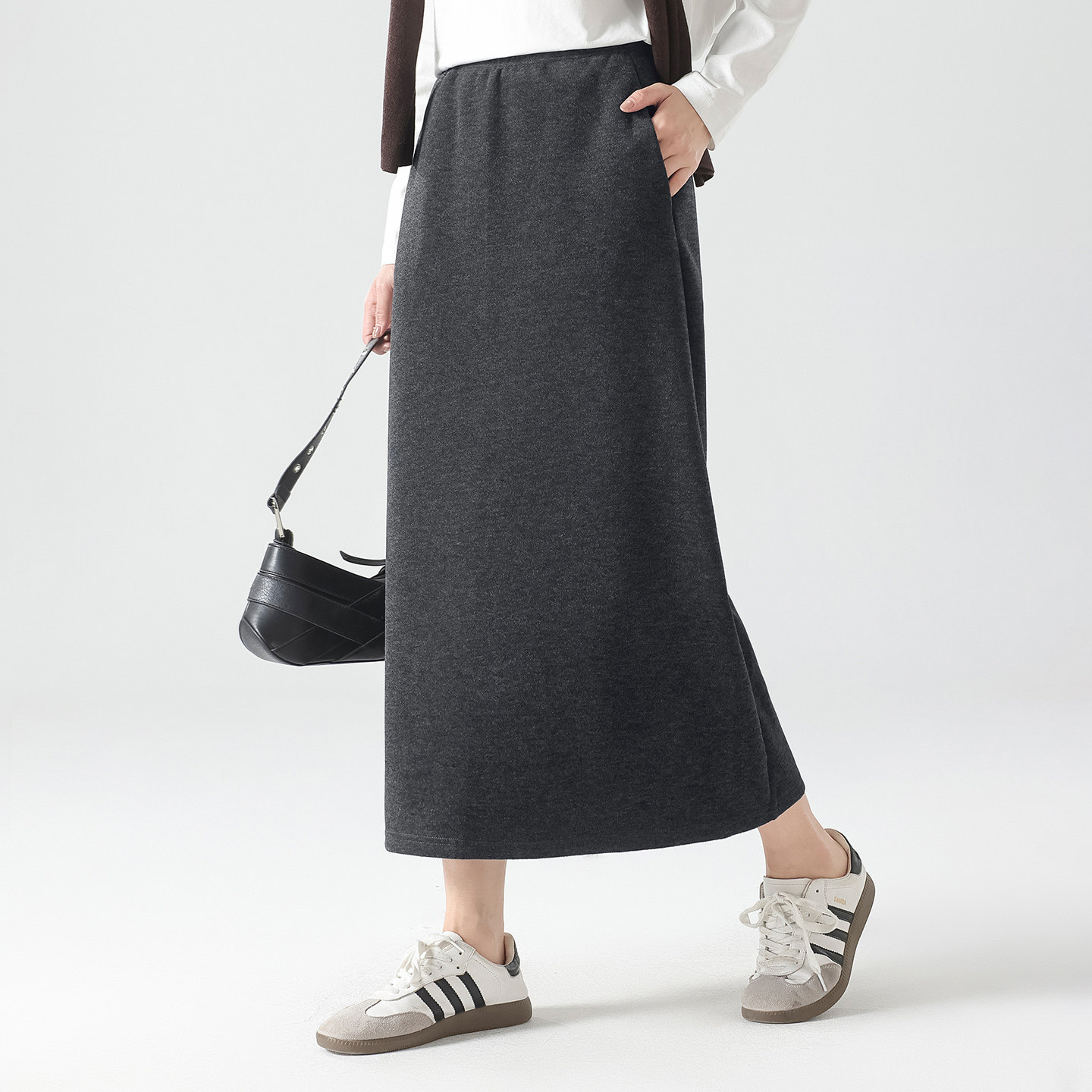 水墨佳人高腰羊毛半身裙女春秋中长款直筒裙日式简约通勤风黑裙子