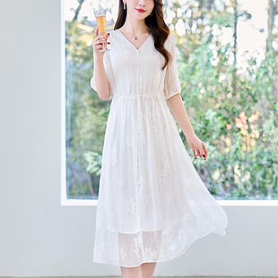 水墨佳人2025夏季新款真丝100%桑蚕丝长款白色仙女裙连衣裙时尚女