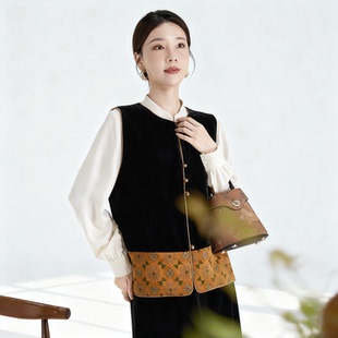 水墨佳人复古中式真丝丝绒拼接香云纱马甲女短款坎肩显瘦百搭外套